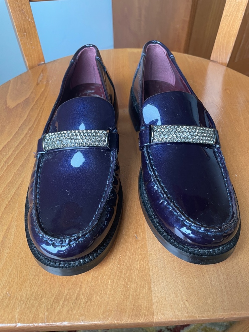 Franco Sarto Women's Shiny Deep Purple/Navy Patent Loafers with Crystal Bar